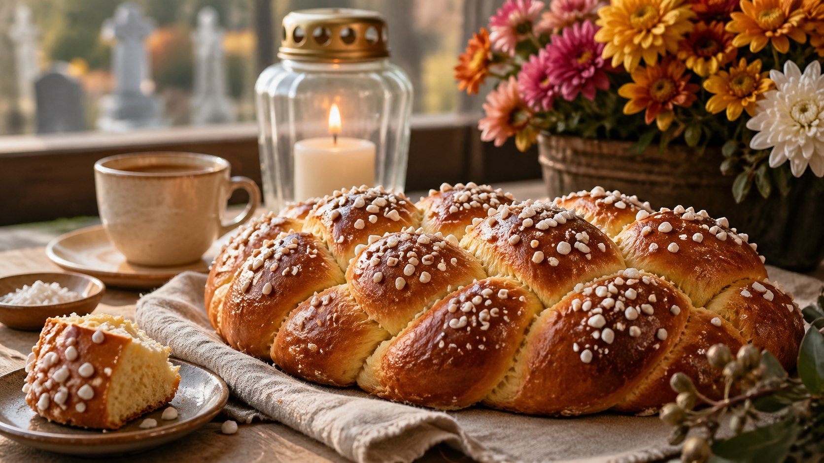 Frischer Allerheiligenstriezel mit Hagelzucker und Kaffee als österreichische Tradition rund um den 1. November