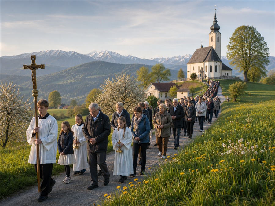 Country path with village church and processional cross as an Ascension Day rogation-walk motif