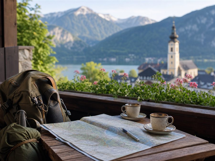 Guesthouse balcony with hiking map and mountain view as an Ascension Day bridge-day idea