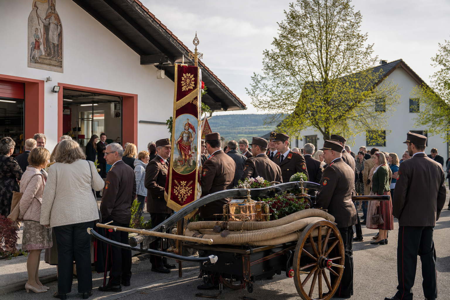 Upper Austrian fire-brigade community on Saint Florian's Day with traditional colours and a historic hand pump