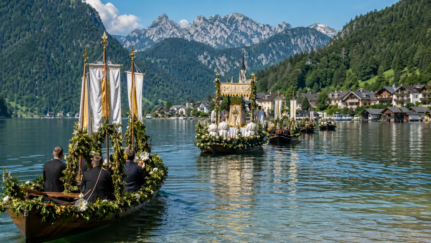 Geschmückte Boote bei einer Fronleichnams-Seeprozession auf einem österreichischen Alpensee