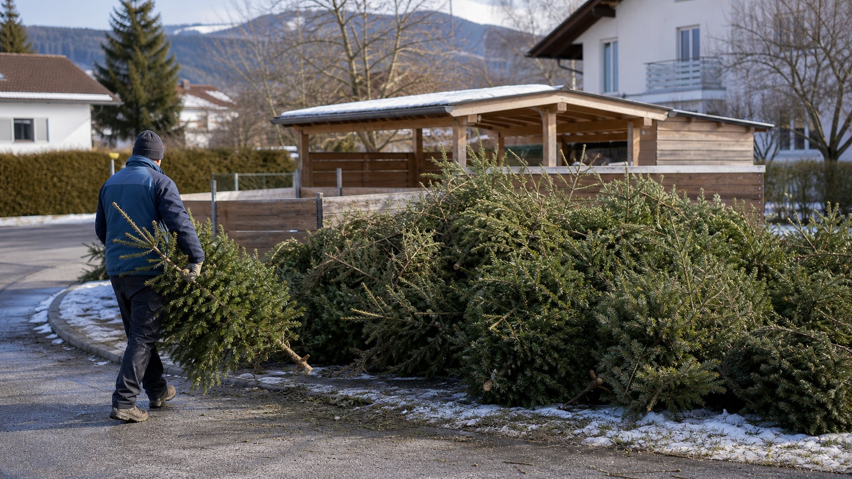 Discarded Christmas tree at an Austrian urban collection point after Epiphany
