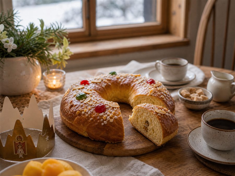 King cake with paper crown and coffee as a family ritual on 6 January