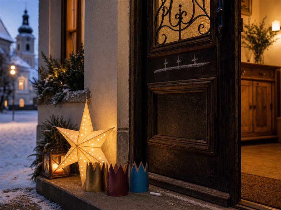 Sternsinger lantern, paper crowns and chalk for the house blessing on 6 January