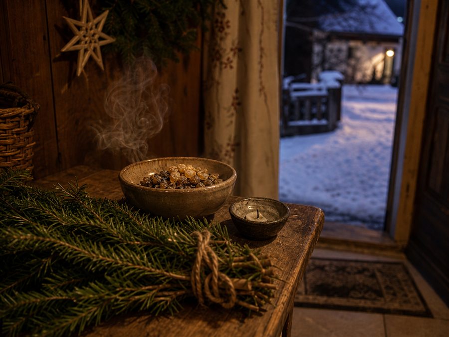 Smoking bowl, fir branches and winter light as a Rauhnaechte motif around Epiphany