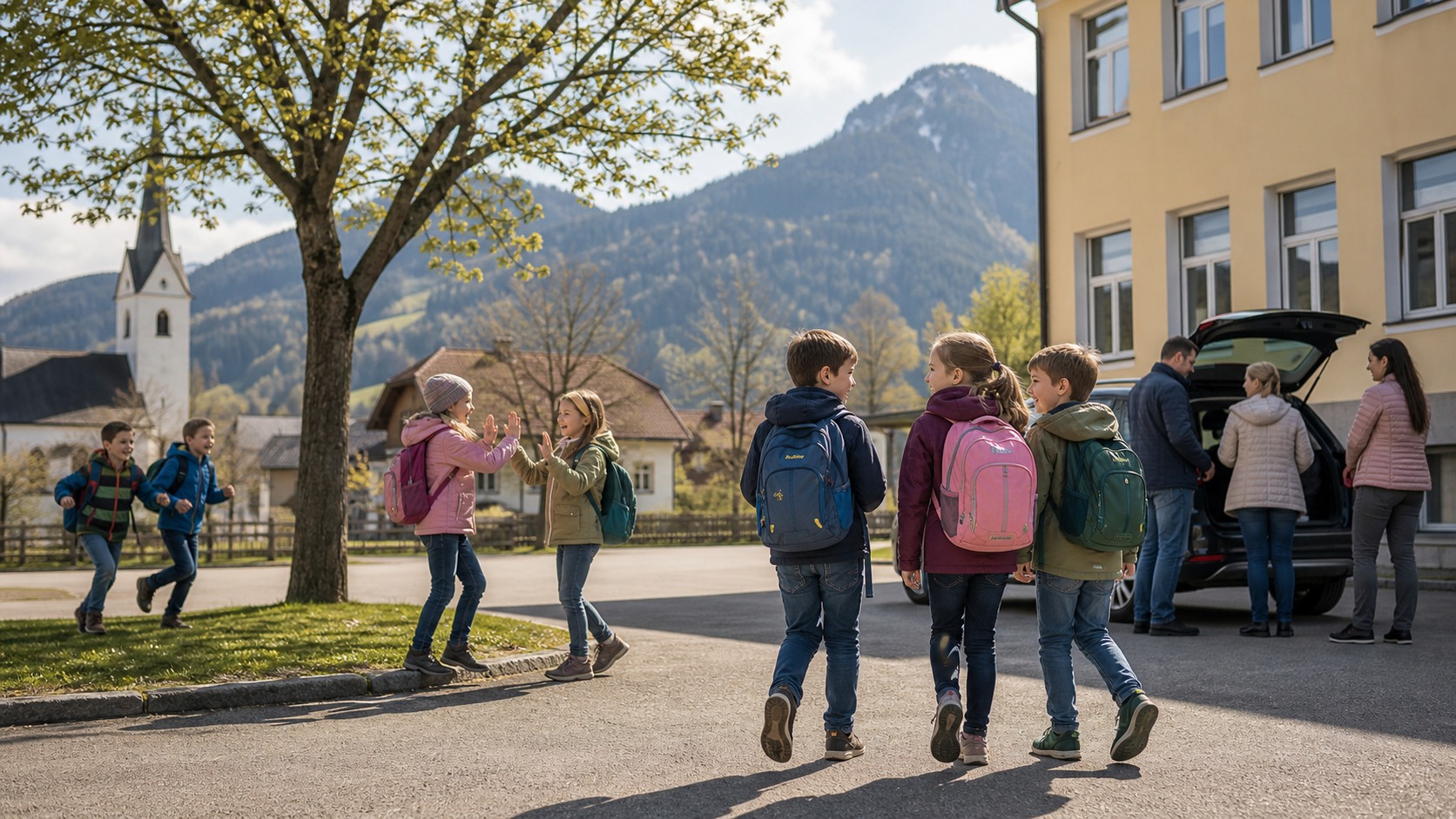 Schulkinder mit Rucksäcken verbringen den schulfreien Josefitag im Freien