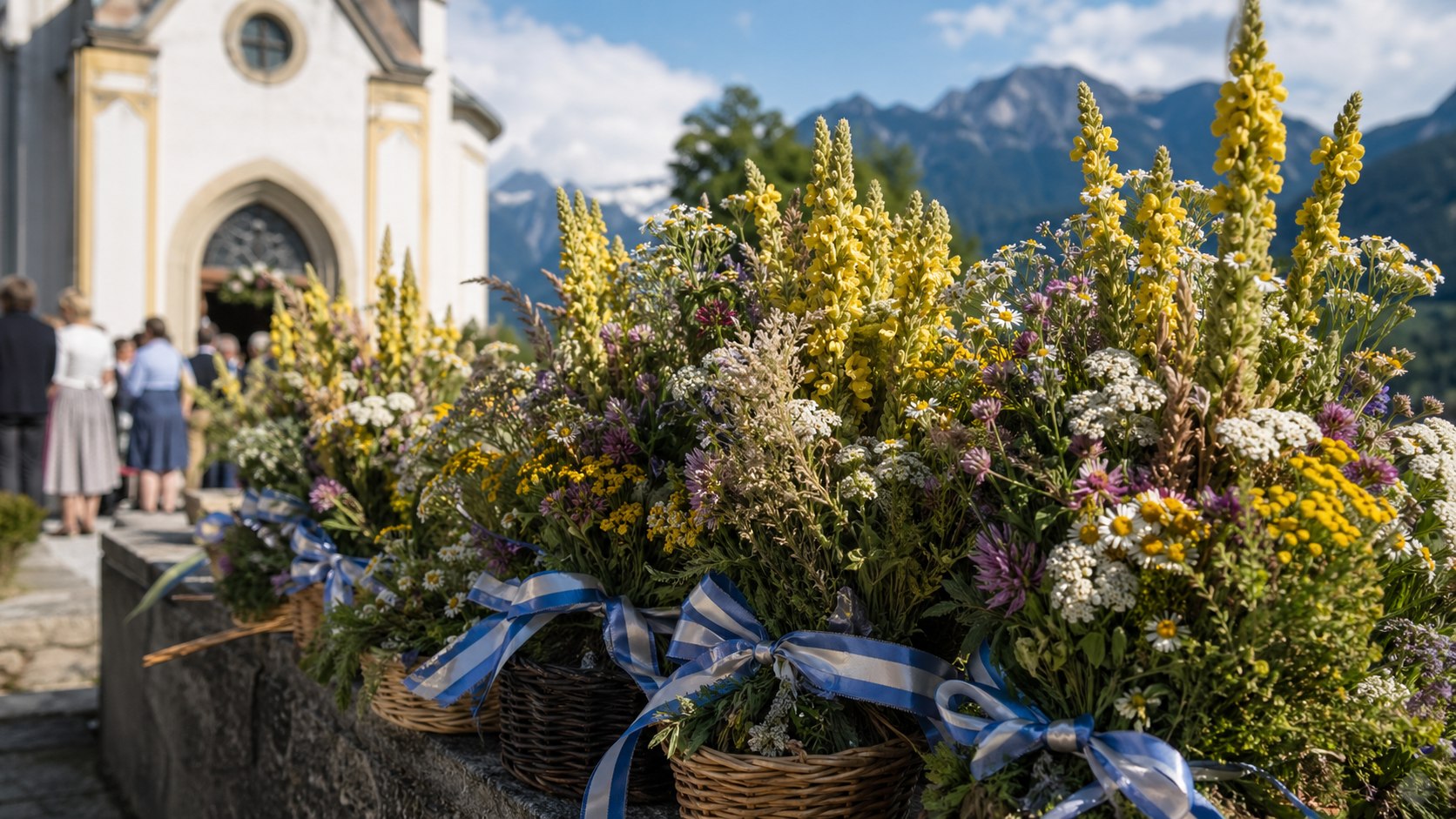 Gebundene Kräuterbuschen mit Königskerze und Sommerblumen vor einer österreichischen Kirche zu Mariä Himmelfahrt