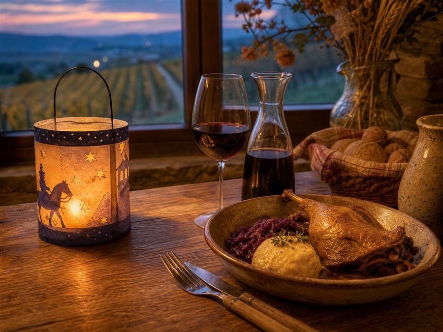 Lantern, young wine and Martini table setting for Saint Martin Day in Burgenland