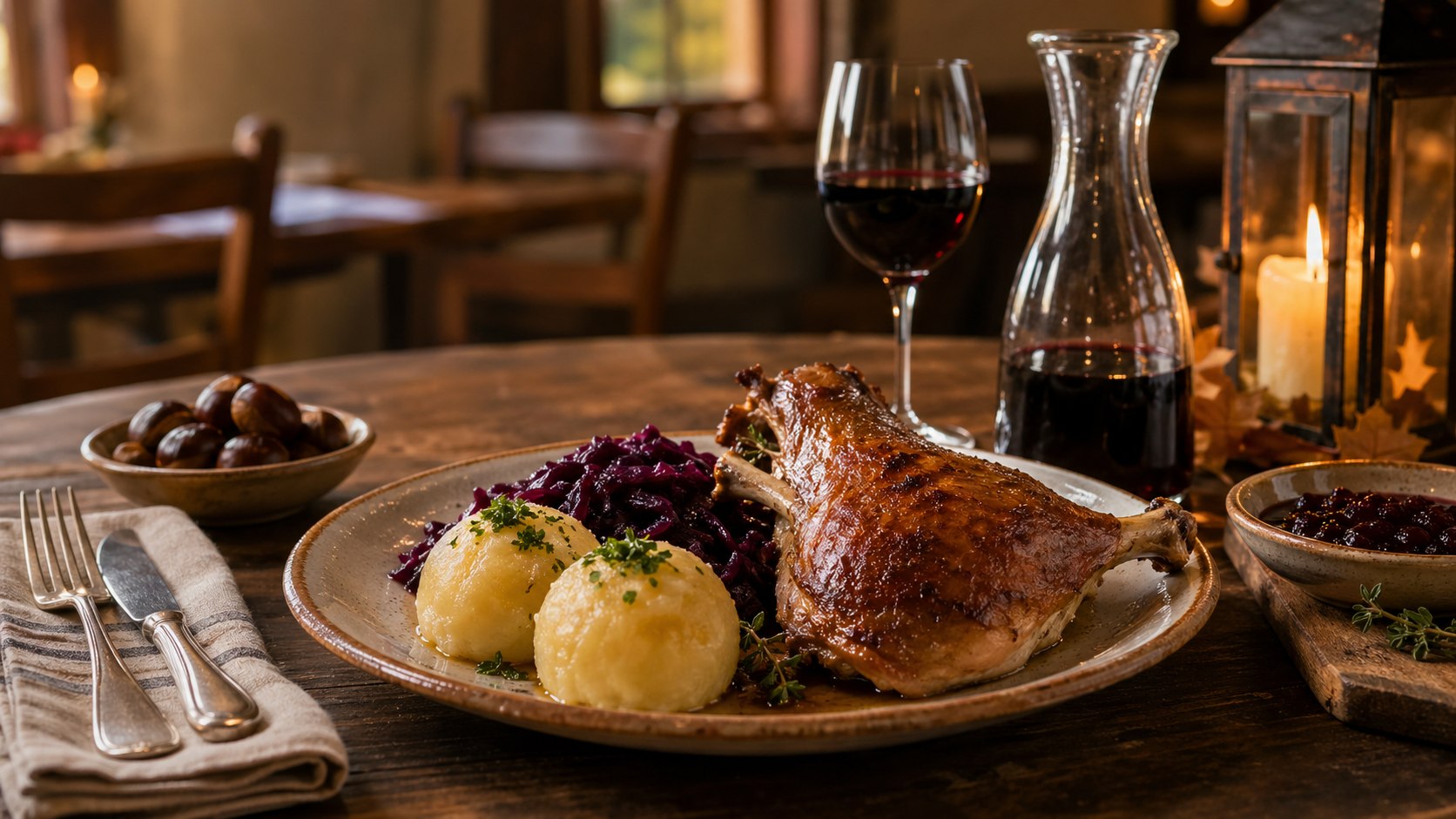 Traditional Martinigansl with red cabbage, dumplings and young wine in Burgenland