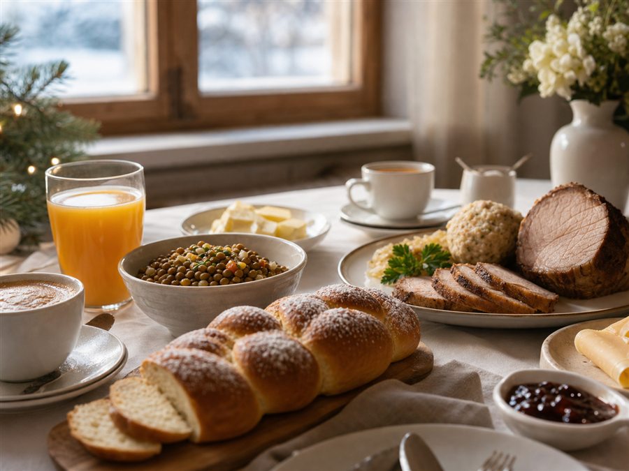 Neujahrsbrunch mit Striezel, Kaffee und Linsen als kulinarischer Jahresauftakt