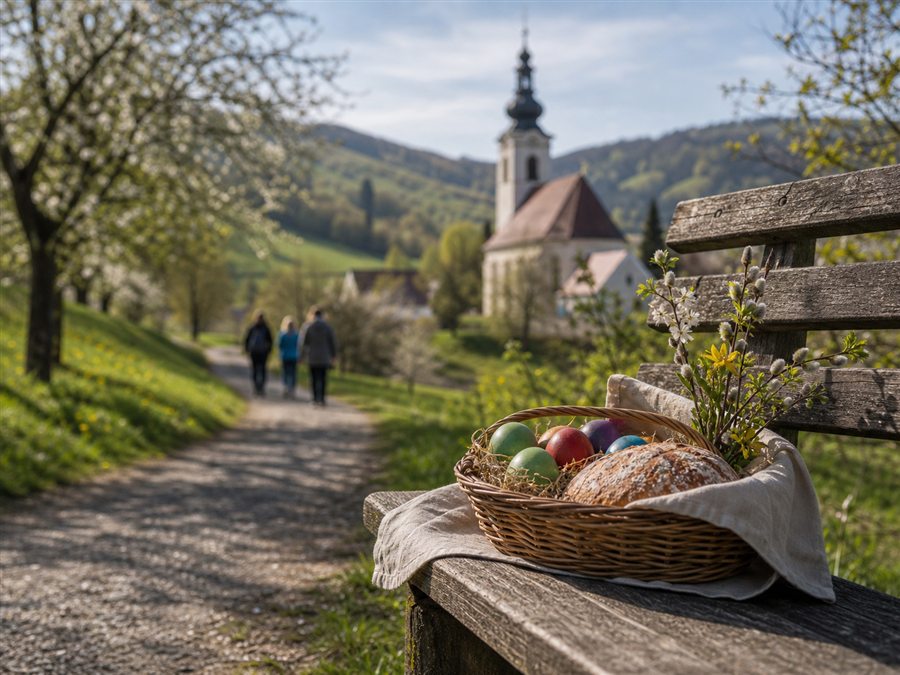 Frühlingsweg mit Osterkorb als Emmausgang-Idee am Ostermontag