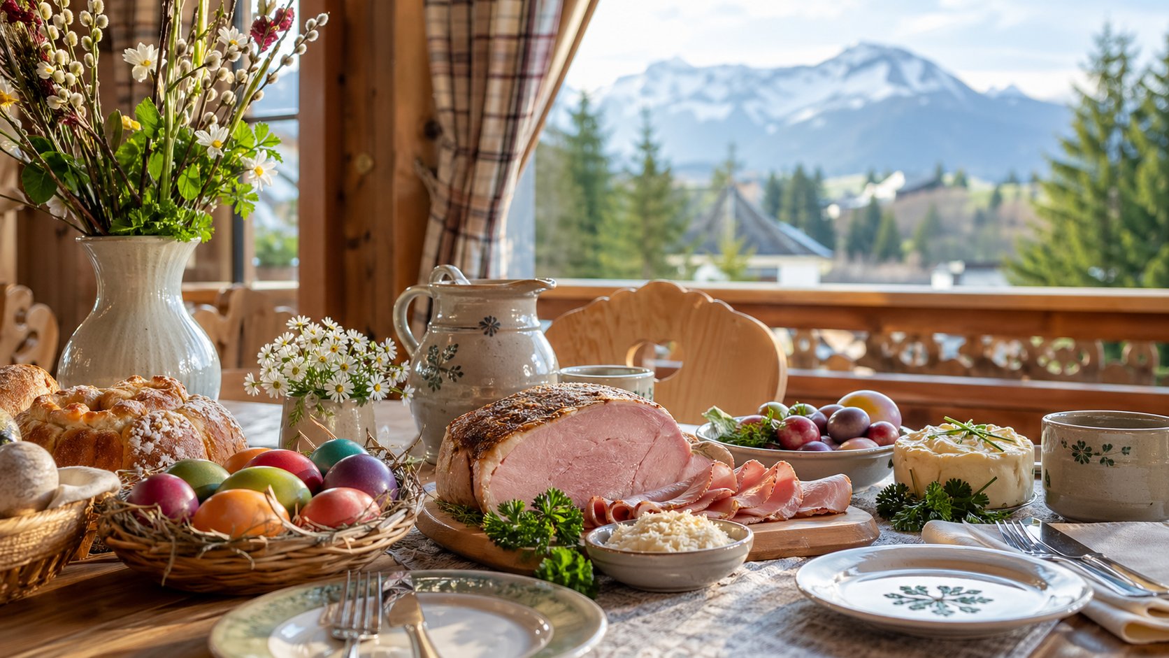 Österreichische Osterjause mit Schinken, Kren, gefärbten Eiern und Ostergebäck vor alpinem Panorama