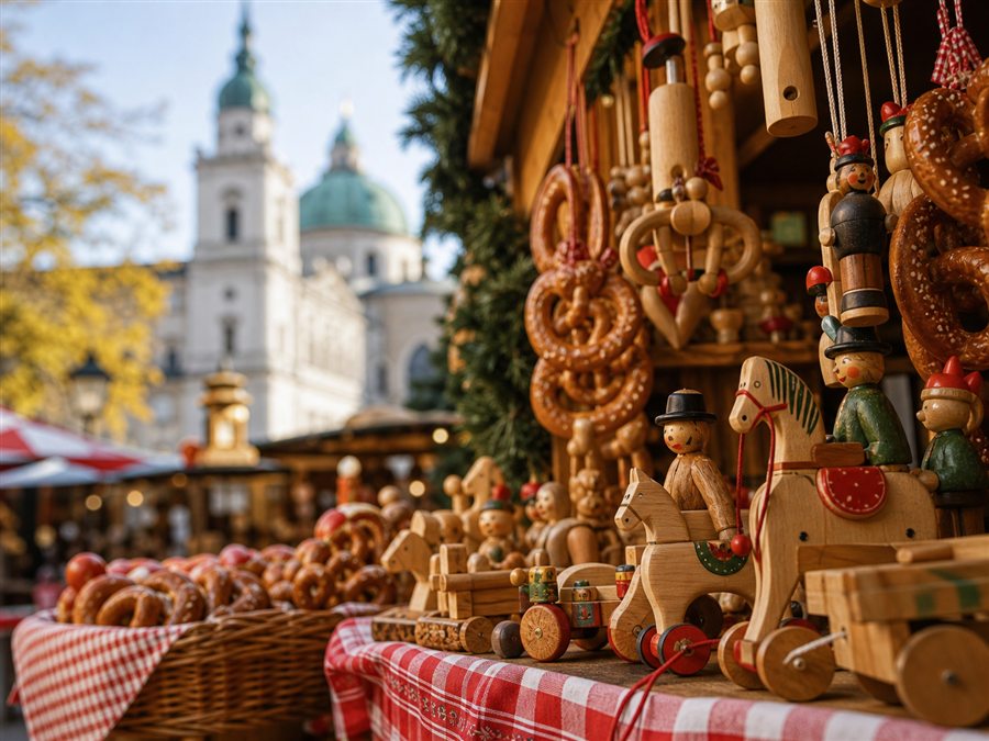 Salzburger Handwerksstand mit Brezen und Holzspielzeug als Rupertikirtag-Detail