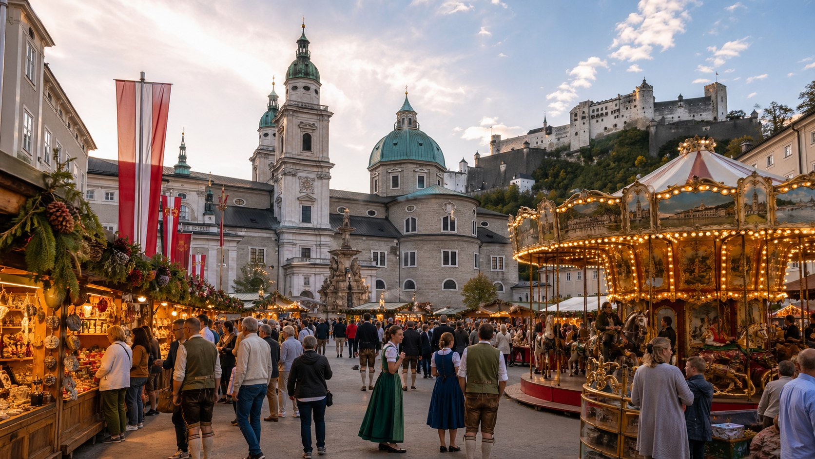 Rupertikirtag in der Salzburger Altstadt mit historischem Karussell und Ständen vor dem Dom