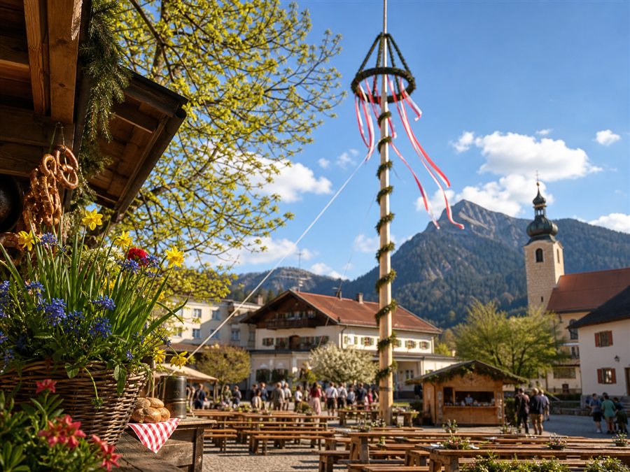 Geschmückter Maibaum am Dorfplatz als Ausflugsidee zum 1. Mai
