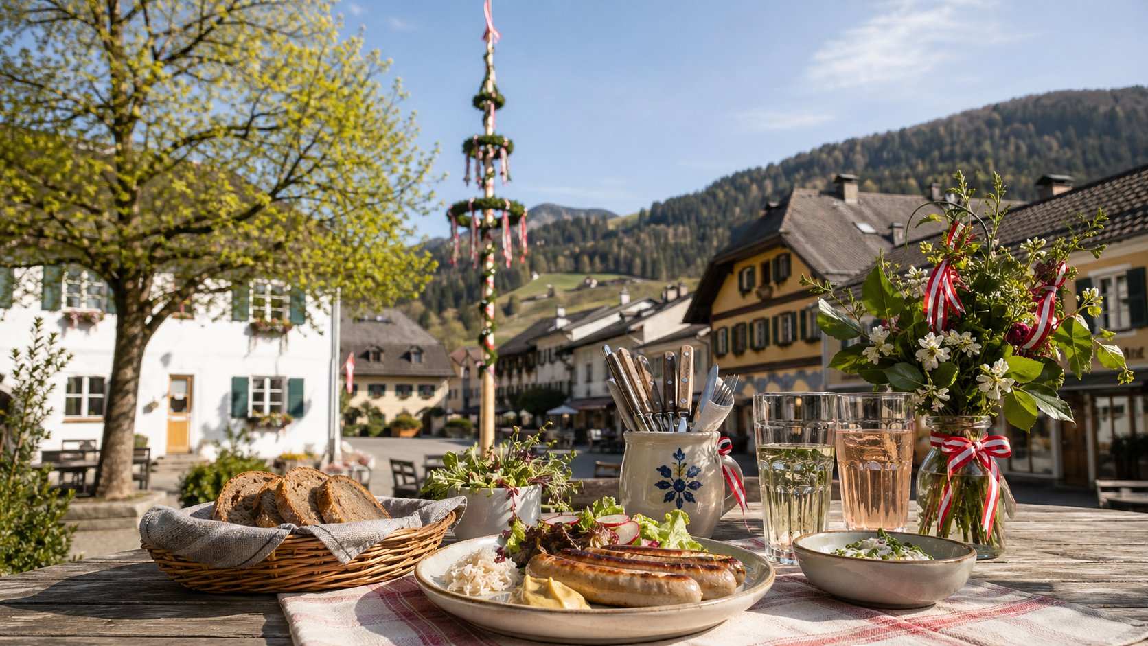 Maifesttisch mit regionaler Jause am österreichischen Dorfplatz als Ausflugsidee zum 1. Mai